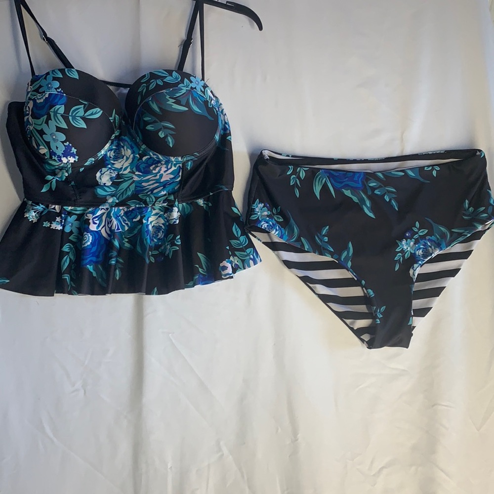 Floral peplum top tankini swim suit set